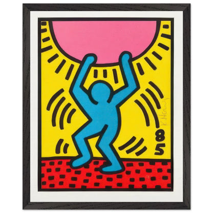 Keith Haring print featuring a blue dancing figure beneath a large pink shape, with bold black lines on a yellow and red background