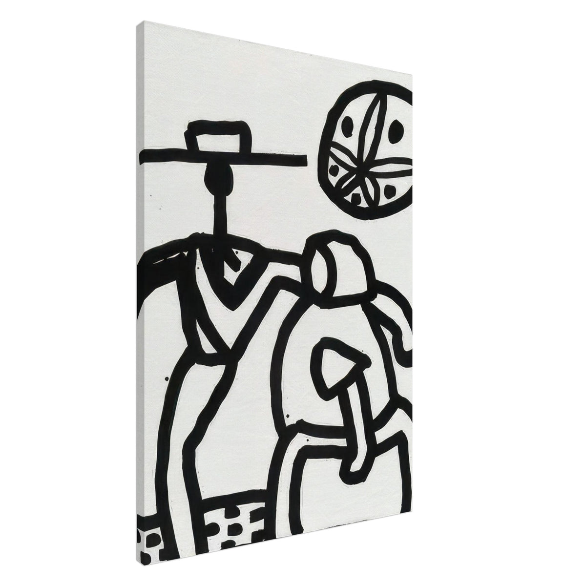Keith Haring Black and White Canvas Print featuring bold abstract figures, thick black outlines, and a circular geometric motif on a white background.