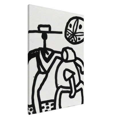 Keith Haring Black and White Canvas Print featuring bold abstract figures, thick black outlines, and a circular geometric motif on a white background.