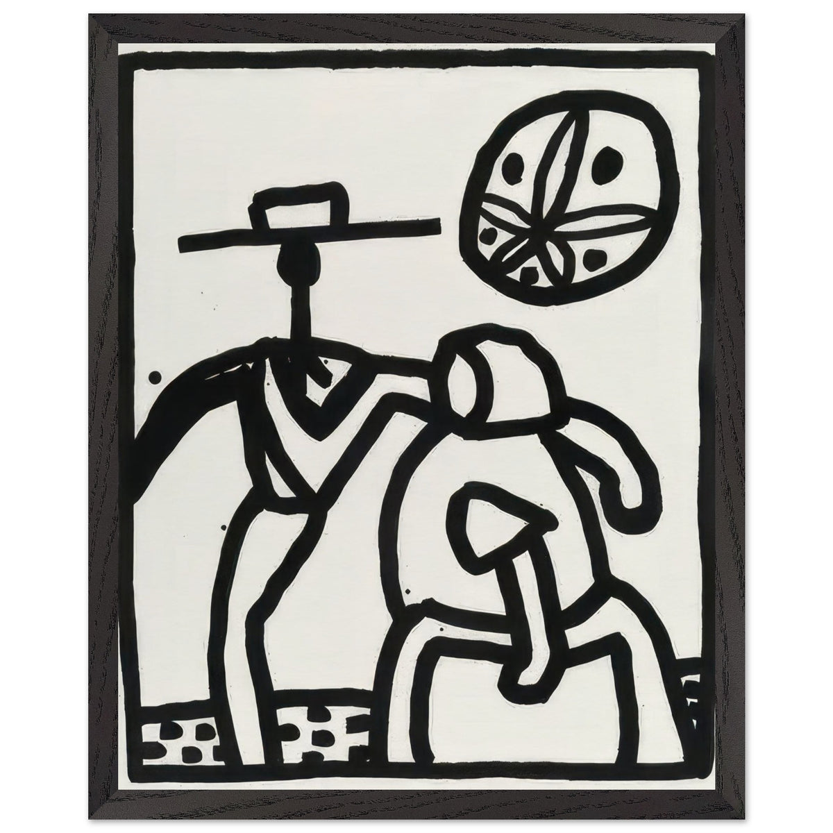 Keith Haring print featuring two abstract figures in motion beneath a circular face-like symbol, drawn in bold black lines