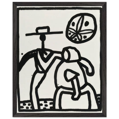Keith Haring print featuring two abstract figures in motion beneath a circular face-like symbol, drawn in bold black lines