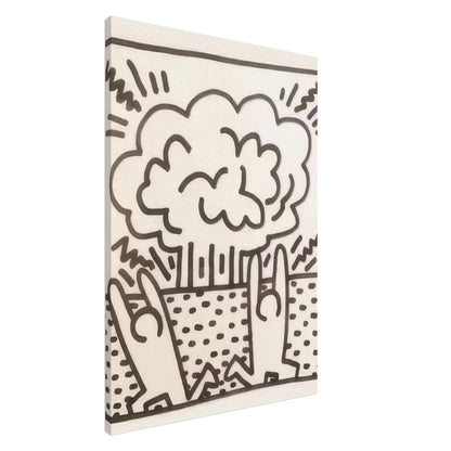 Keith Haring Black and White Canvas Print featuring a large cloud-shaped graphic, two stylized figures, bold dark outlines, and a dotted background.