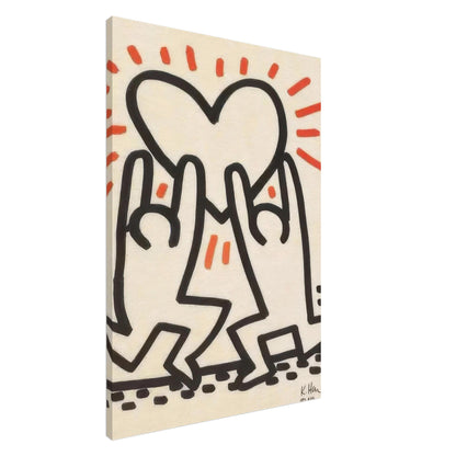Keith Haring Canvas Print featuring two black outlined dancing figures beneath a large heart with red-orange rays on a cream background.