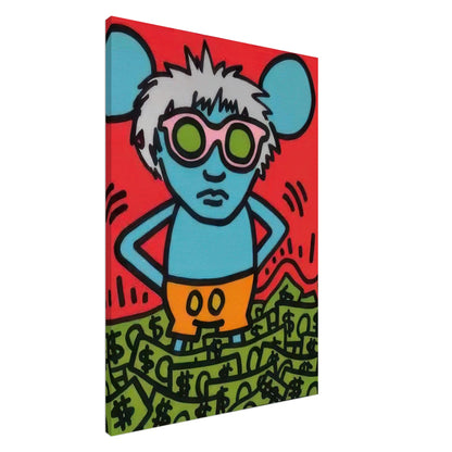 Keith Haring Canvas Print featuring a blue cartoon figure with white hair, green sunglasses, and orange shorts against a red background with green dollar bill patterns.