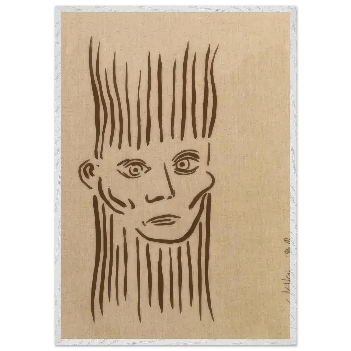 Keith Haring portrait print featuring a stylized face drawn with bold brown lines on a beige background