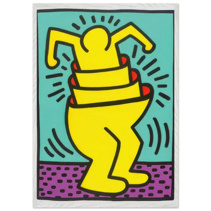 Keith Haring print featuring a yellow dancing figure with bold black outlines, red accents, turquoise background and purple ground